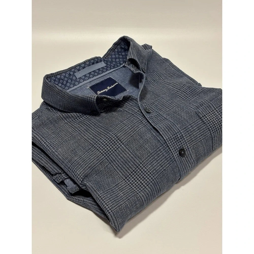 Tommy Bahama Dress Shirt L  Blue Plaid L/S Button Down Linen‎ Cotton Beach